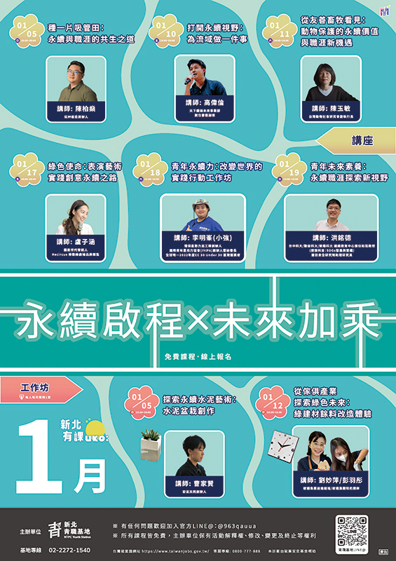 新北市政府青年局青職基地將於114年1月舉辦「永續啟程．未來加乘」系列課程-海報