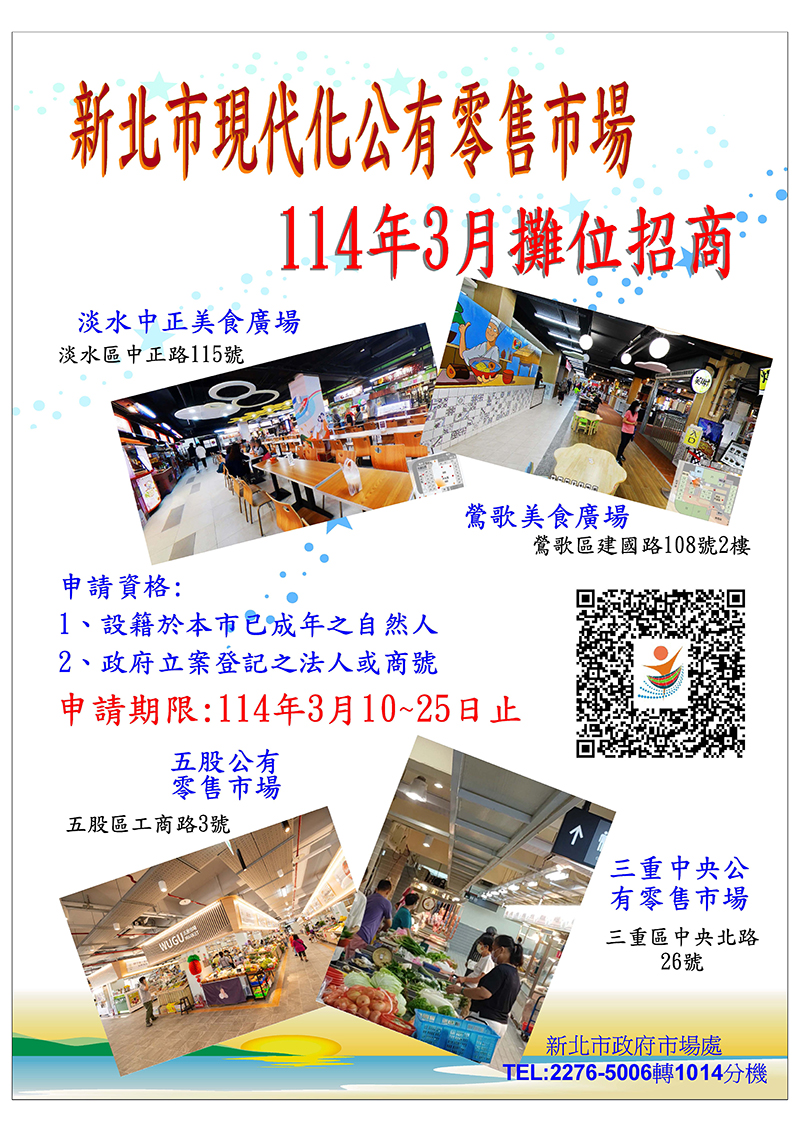 新北市現代化公有零售市場114年3月攤位招商
