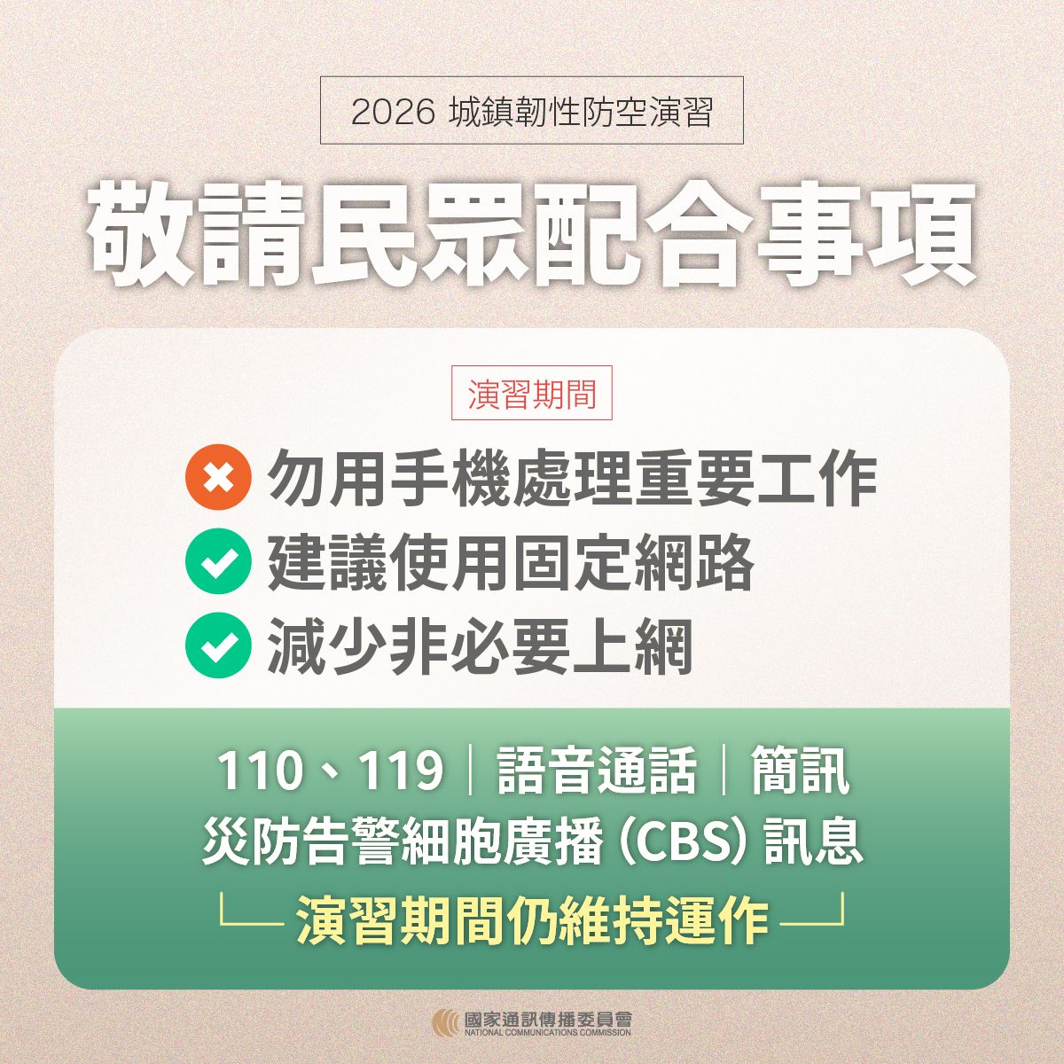 2026城鎮韌性防空演習圖卡-4.敬請民眾配合事項-演習期間